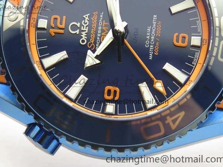 0818 FreshLook Planet Ocean 45mm GMT Blue DLC Black OMF Best Edition Blue Dial On Blue Gummy Strap A 8123